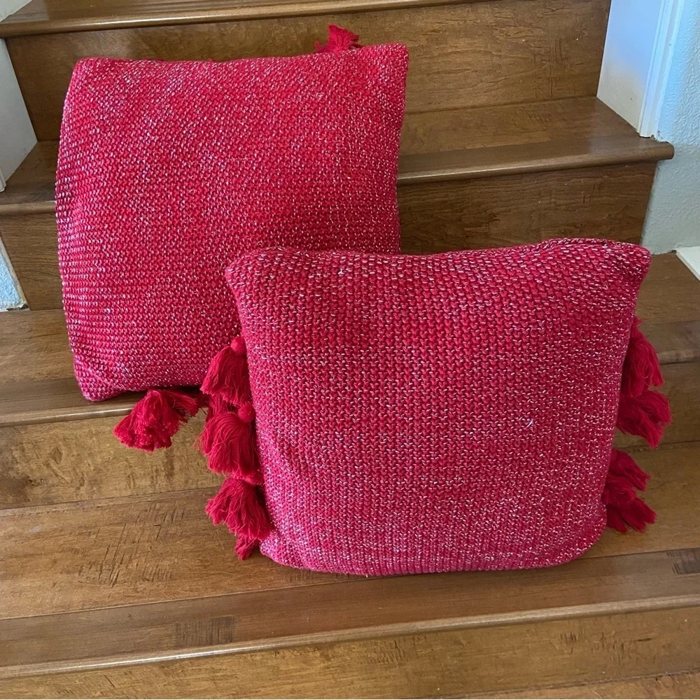 Kirkland Two Red with Sliver Embellishment and Tassels 18” Throw Pillows.
